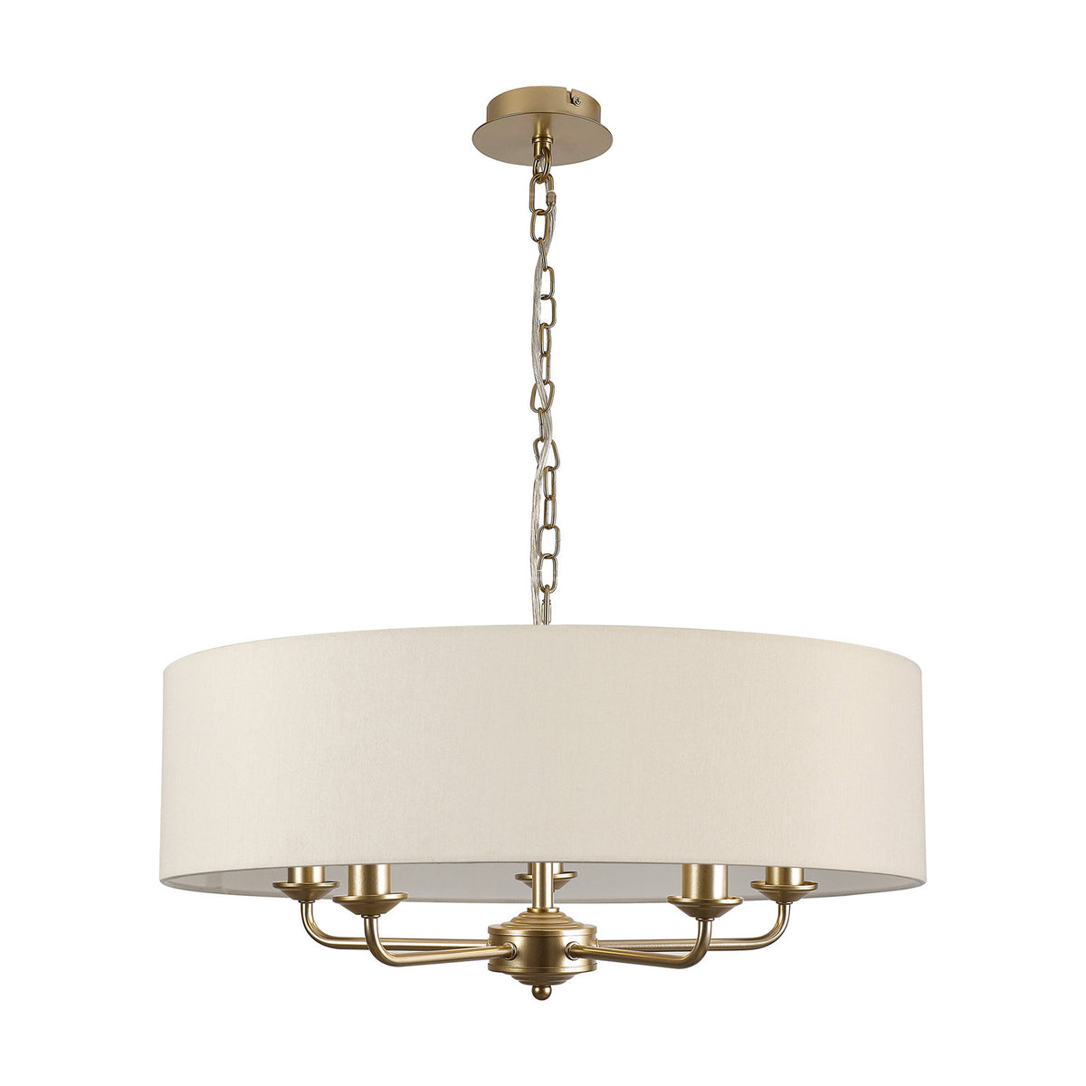 Banyan 5 Light Pendant in Ivory Pearl, a champagne gold fixture with five candle arms beneath a 60cm ivory drum shade, shown on a plain white background.