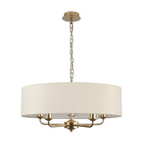 Banyan 5 Light Pendant in Ivory Pearl, a champagne gold fixture with five candle arms beneath a 60cm ivory drum shade, shown on a plain white background.