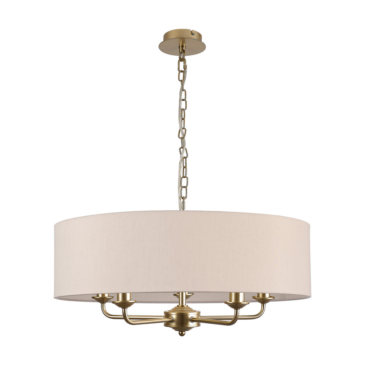 Banyan 5-light pendant with a 60cm nude beige faux silk drum shade, champagne gold ceiling plate and five curved candle arms, shown on a plain white background.