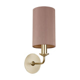 Banyan E14 wall light with a cylindrical taupe faux silk shade, champagne gold fitting and curved arm on a round wall plate, shown on a white background.