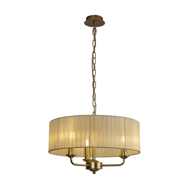 Banyan 3 Light E14 Pendant Light with 45cm cream organza drum shade, champagne gold metal arms and chain, shown against a plain white background.