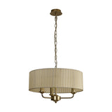 Banyan 3 Light E14 Pendant Light with 45cm cream organza drum shade, champagne gold three-arm frame and chain suspension, shown on a plain white background.