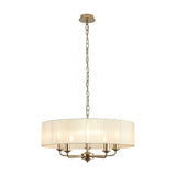 Banyan 5 Light E14 Pendant Light, 60cm cream organza drum shade with champagne gold arms and chain suspension, on a plain white background.