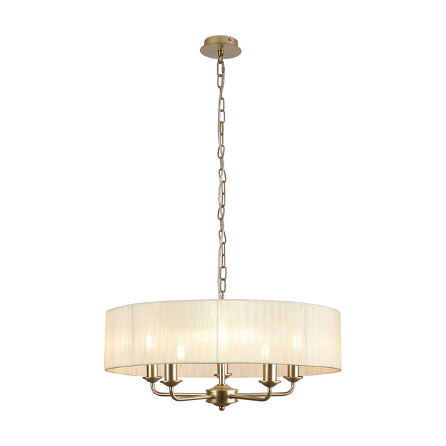 Banyan 5 Light E14 Pendant Light, 60cm cream organza drum shade with champagne gold arms and chain suspension, on a plain white background.