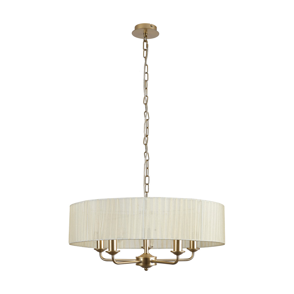 Banyan 5 Light E14 Pendant Light, 60cm cream organza drum shade with five champagne gold arms, suspended from a matching chain on a plain white background.