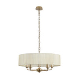 Banyan 5 Light E14 Pendant Light, 60cm cream organza drum shade with five champagne gold arms, suspended from a matching chain on a plain white background.