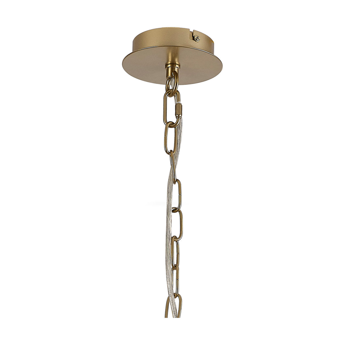 Banyan pendant light ceiling mount detail showing champagne gold round canopy, chain suspension, and twisted cream fabric flex cord against a plain white background.