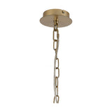 Banyan pendant light ceiling mount detail showing champagne gold round canopy, chain suspension, and twisted cream fabric flex cord against a plain white background.