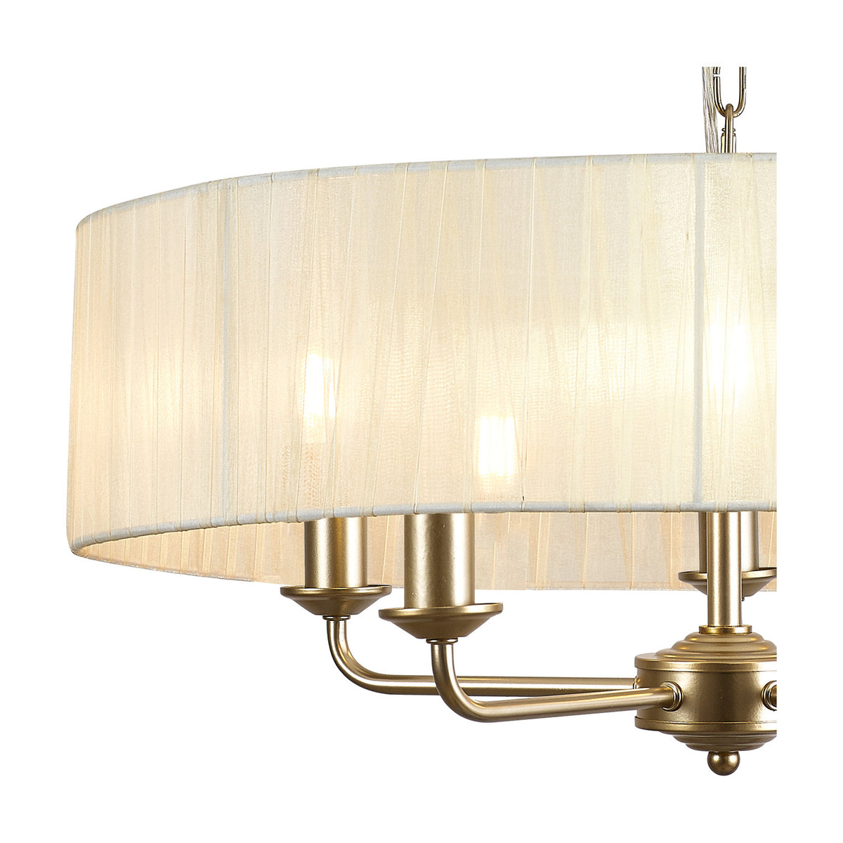 Banyan 5 Light E14 Pendant Light, 60cm cream organza drum shade with champagne gold arms and sockets, shown close-up on a plain white background.