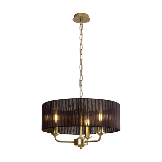 Banyan 3 Light E14 Pendant Light: champagne gold ceiling rose, chain suspension, and three curved arms with candle bulbs beneath a 45cm black organza drum shade, shown on a white background.