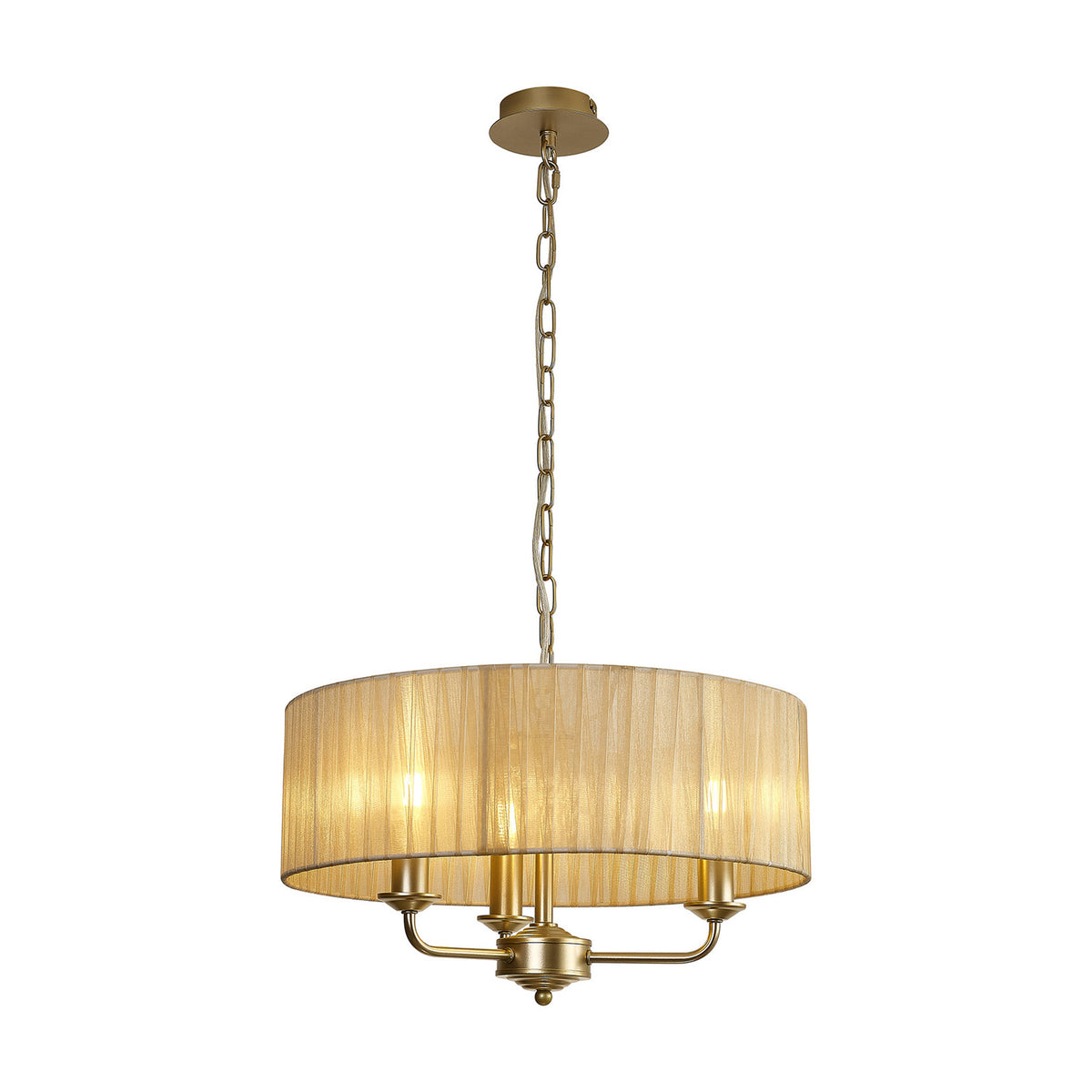 Banyan 3 Light Pendant Light with a 45cm sheer organza drum shade in soft bronze, champagne gold arms and chain, three visible E14 candle lamps, on a plain white background.
