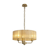 Banyan 3 Light Pendant Light with a 45cm sheer organza drum shade in soft bronze, champagne gold arms and chain, three visible E14 candle lamps, on a plain white background.