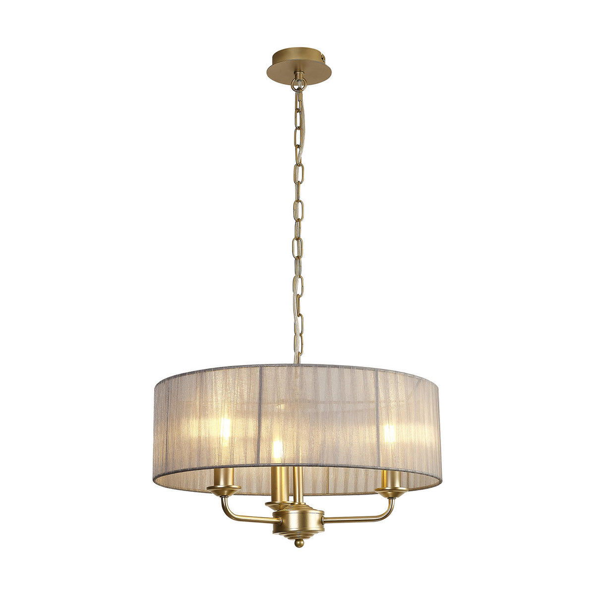 Banyan 3 Light E14 Pendant Light with a 45cm grey organza drum shade on a champagne gold frame with three curved arms, hung from a chain, shown on a white background.