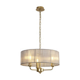 Banyan 3 Light E14 Pendant Light with a 45cm grey organza drum shade on a champagne gold frame with three curved arms, hung from a chain, shown on a white background.