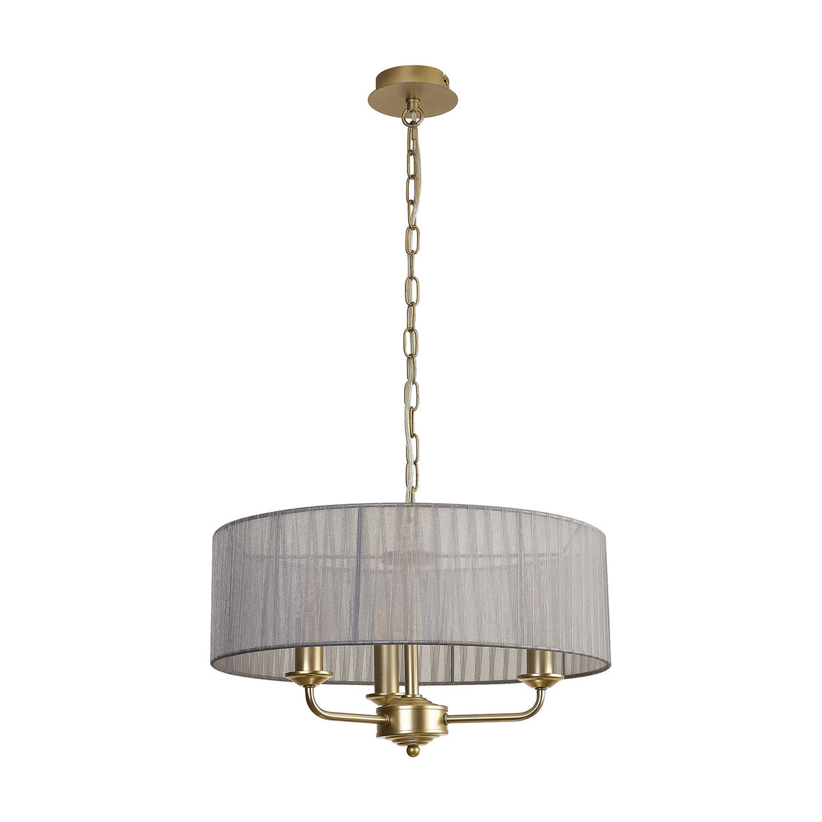 Banyan 3 Light E14 Pendant Light in champagne gold, featuring a 45cm grey organza drum shade over three curved arms, shown on a plain white background.