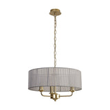 Banyan 3 Light E14 Pendant Light in champagne gold, featuring a 45cm grey organza drum shade over three curved arms, shown on a plain white background.