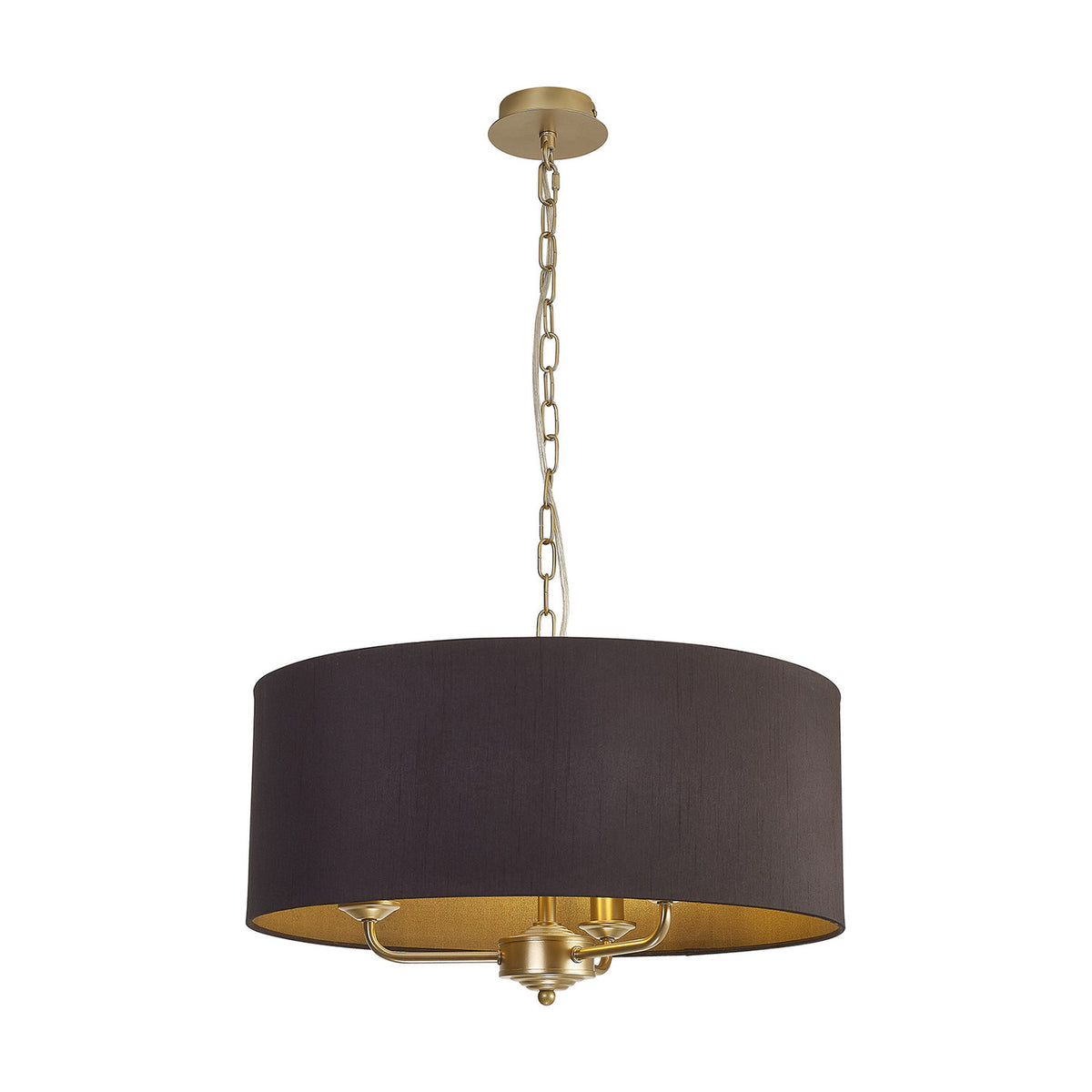 Banyan 3 Light Pendant Light with a 50cm midnight black drum shade and champagne gold interior, hung from a champagne gold chain and ceiling rose on a plain white background.