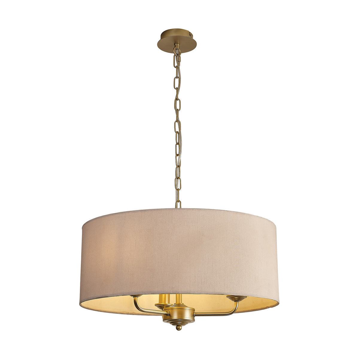 Banyan 3 Light E14 Pendant Light, 50cm nude beige fabric drum shade with champagne gold chain and frame, three candle arms visible beneath, shown on a plain white background.