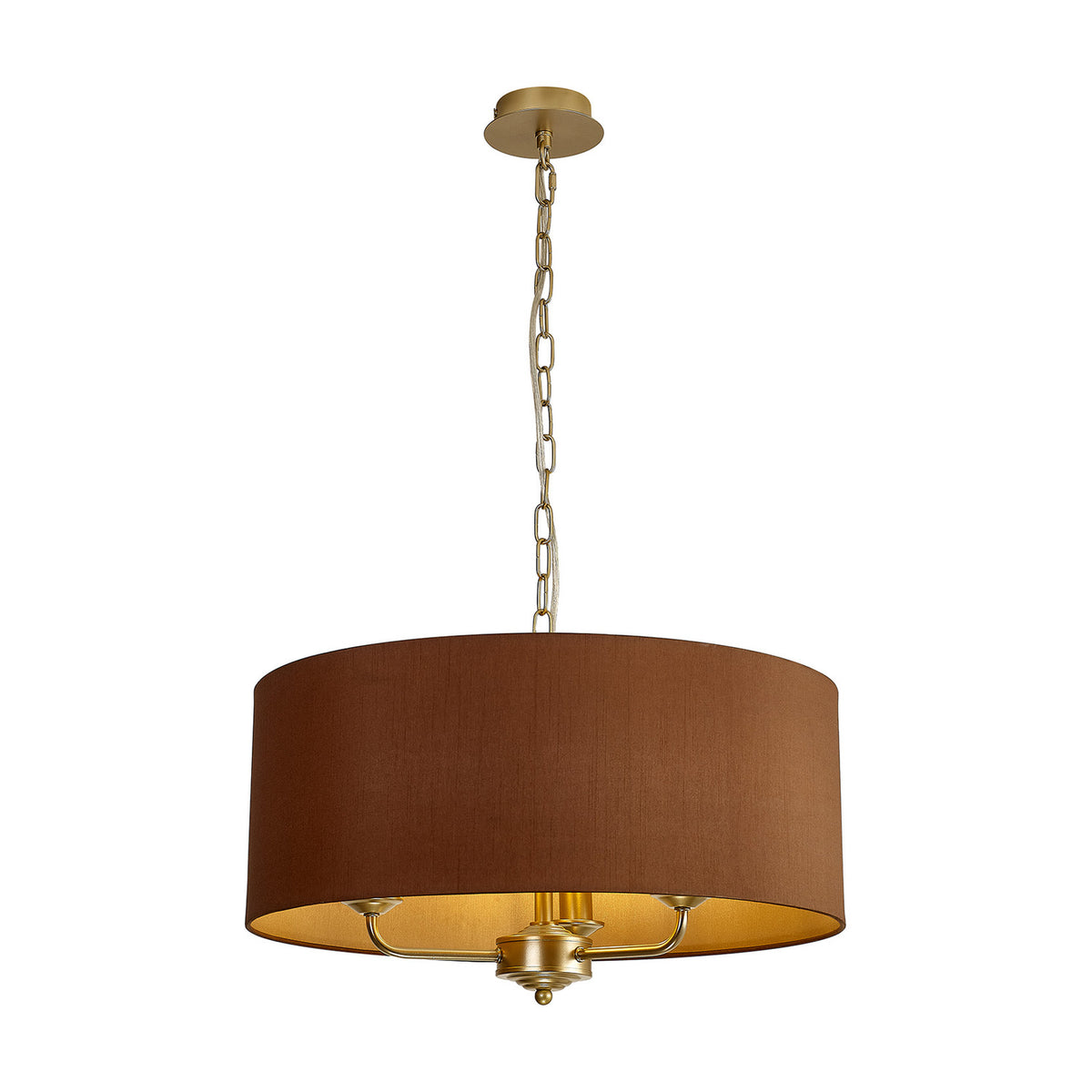Banyan 3 Light E14 Pendant Light, 50cm drum shade in raw cocoa fabric with champagne gold ceiling rose, chain, and curved arms, on a plain white background.