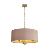 Banyan 3 Light E14 Pendant Light 50cm, champagne gold frame with taupe fabric drum shade and gold lining, adjustable chain, shown on a plain white background.