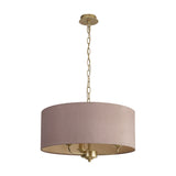Banyan 3 Light E14 Pendant Light, 50cm taupe fabric drum shade on champagne gold frame with adjustable chain, shown on a plain white background.