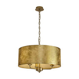Banyan 3 Light E14 Pendant Light in champagne gold, wide 50cm gold foil drum shade on chain suspension with three candle-style arms, shown on a plain white background.