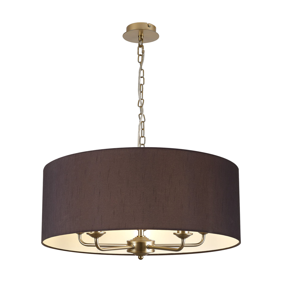 Banyan pendant light with a wide black fabric drum shade, white inner lining, and five champagne gold arms on a chain suspension, shown on a plain white background.