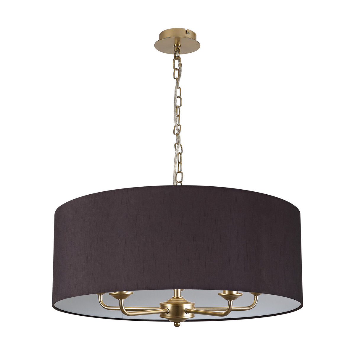 Banyan pendant light with a wide black fabric drum shade, 60cm, on a champagne gold frame with five E14 arms, hung from a matching chain and ceiling rose against a white background.