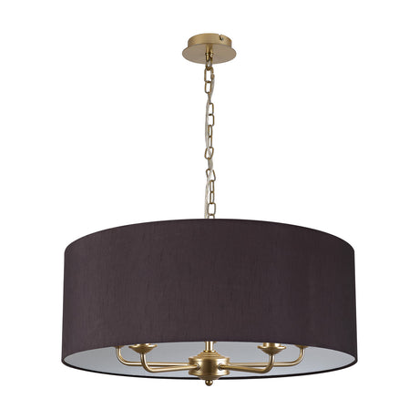 Banyan pendant light with a wide black fabric drum shade, 60cm, on a champagne gold frame with five E14 arms, hung from a matching chain and ceiling rose against a white background.