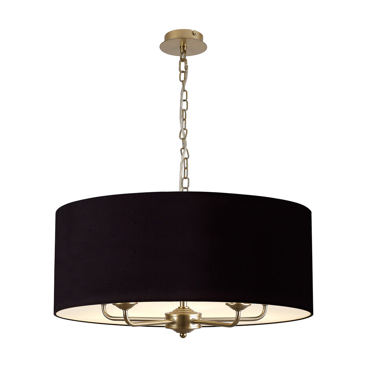 Banyan 5 Light Pendant Light, 60cm midnight black drum shade with champagne gold interior, five-arm champagne gold frame and chain, plain white background.