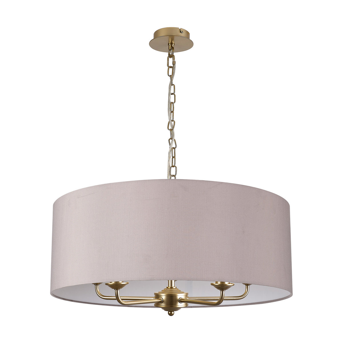 Banyan E14 5-light fabric pendant with grey drum shade and champagne gold arms and chain, on a plain white background.