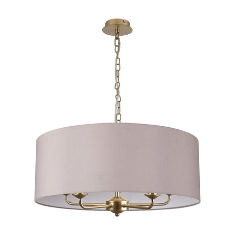 Banyan E14 5-light fabric pendant with grey drum shade and champagne gold arms and chain, on a plain white background.