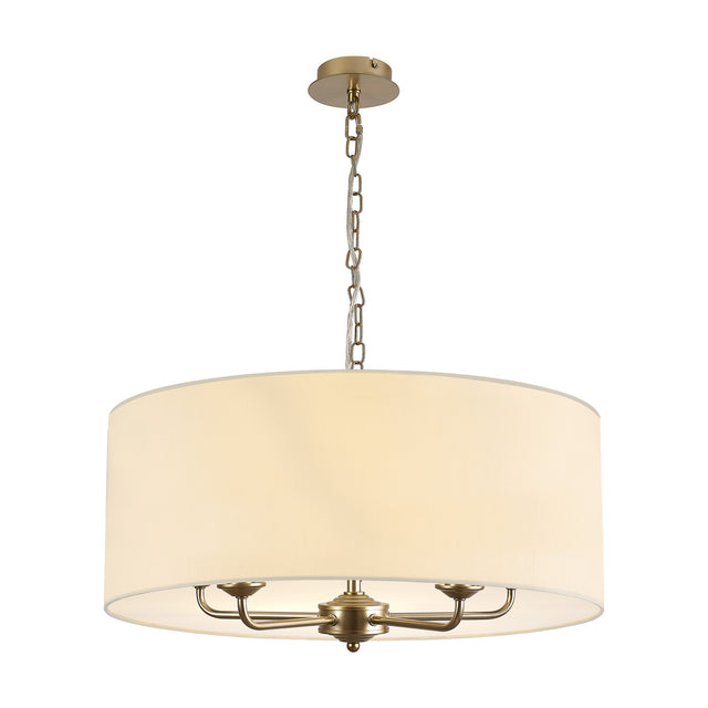 Banyan 5 light pendant with champagne gold multi-arm frame and 60cm ivory pearl drum shade, suspended from a chain on a plain white background.