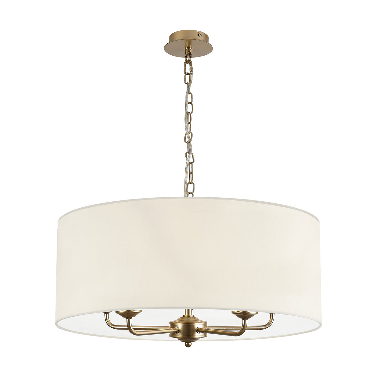 Banyan 5-light pendant with champagne gold multi-arm frame and 60cm ivory pearl drum shade, suspended on a chain from a round ceiling rose, shown on a plain white background.
