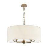 Banyan 5-light pendant with champagne gold multi-arm frame and 60cm ivory pearl drum shade, suspended on a chain from a round ceiling rose, shown on a plain white background.