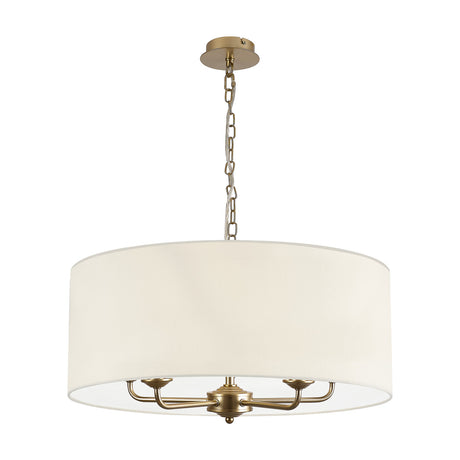 Banyan 5-light pendant with champagne gold multi-arm frame and 60cm ivory pearl drum shade, suspended on a chain from a round ceiling rose, shown on a plain white background.