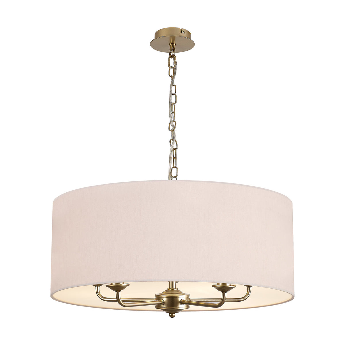 Banyan 5 light pendant with a wide nude beige drum shade and champagne gold arms and chain, shown on a plain white background.