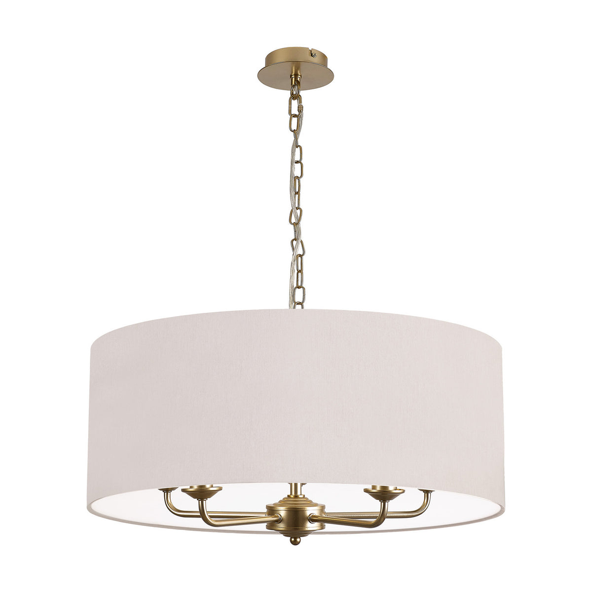 Banyan 5-light pendant with champagne gold arms and a wide 60cm nude beige drum shade, suspended from a matching chain, shown on a plain white background.