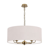 Banyan 5-light pendant with champagne gold arms and a wide 60cm nude beige drum shade, suspended from a matching chain, shown on a plain white background.