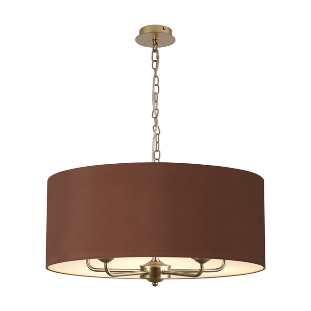 Banyan 5 Light Pendant Light in raw cocoa fabric with a wide drum shade, champagne gold five-arm frame and chain suspension, shown on a plain white background.
