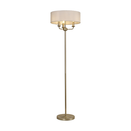 Banyan 3 Light E14 Floor Lamp with a 45cm white faux silk drum shade on a slim champagne gold stem and round base, shown on a plain white background.