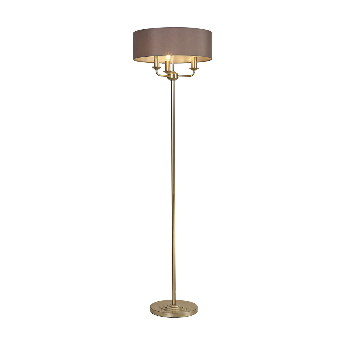 Banyan 3 Light E14 floor lamp with a wide grey fabric drum shade on champagne gold candelabra arms, slender stem and round stepped base, shown on a plain white background.