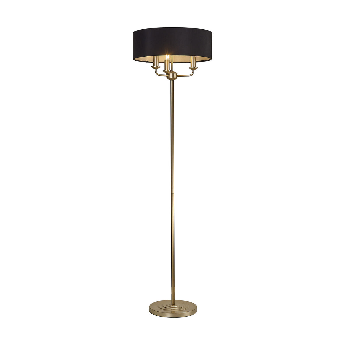 Banyan 3-light floor lamp, 1.6m tall champagne gold stem with three candle arms beneath a wide black drum shade, on a plain white background.