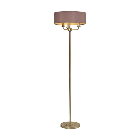Banyan 3 Light E14 floor lamp with champagne gold stem and base, topped by a 45cm taupe fabric drum shade, shown on a plain white background.