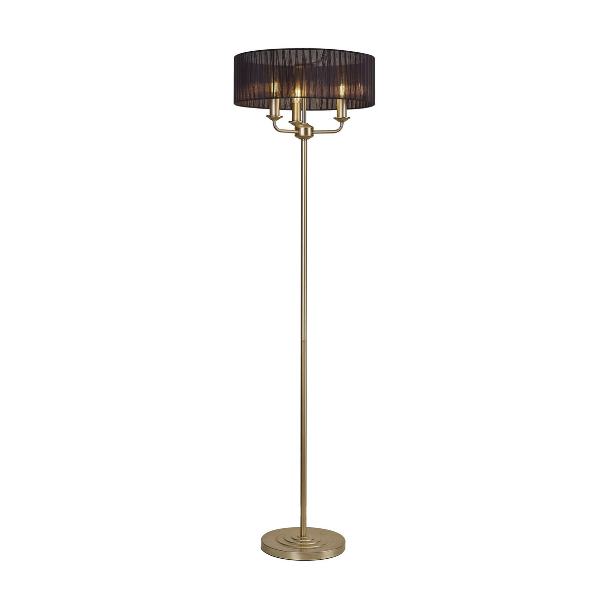 Banyan 3 Light E14 floor lamp with a wide black organza drum shade on a slim champagne gold stand, three candle-style bulbs visible, round base, set on a plain white background.