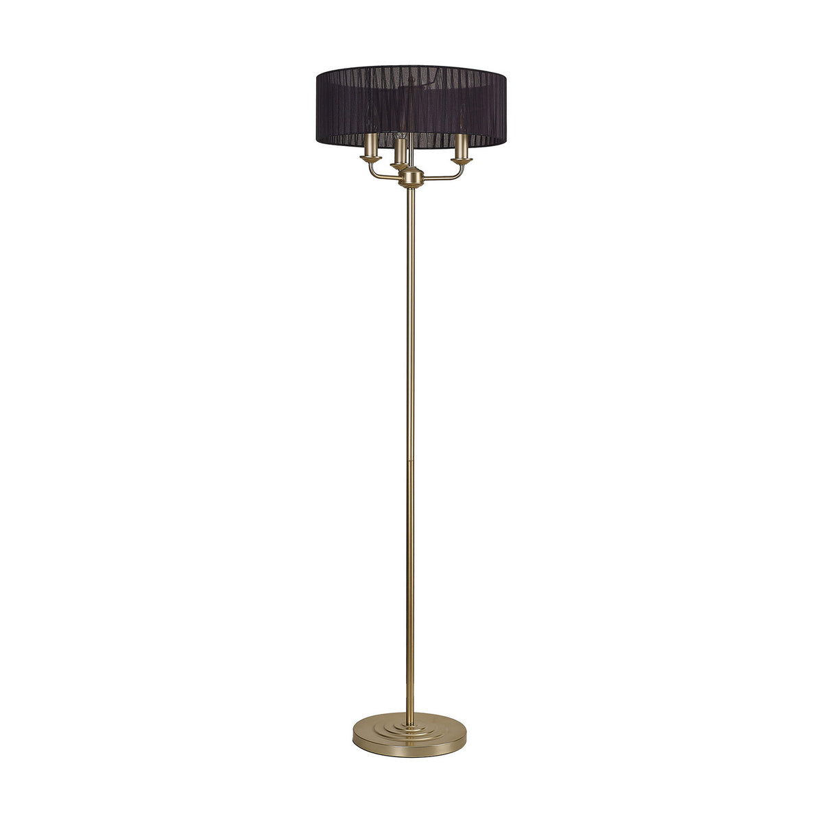 Banyan 3 Light E14 Floor Lamp with a wide black organza drum shade on a champagne gold stem and stepped round base, shown on a plain white background.