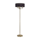 Banyan 3 Light E14 Floor Lamp with a wide black organza drum shade on a champagne gold stem and stepped round base, shown on a plain white background.