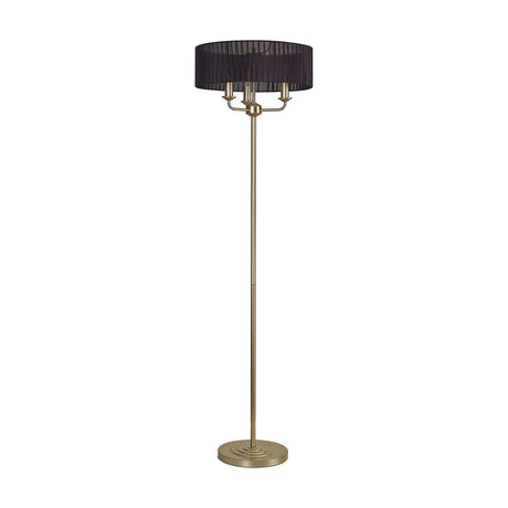 Banyan 3 Light E14 Floor Lamp with a wide black organza drum shade on a champagne gold stem and stepped round base, shown on a plain white background.