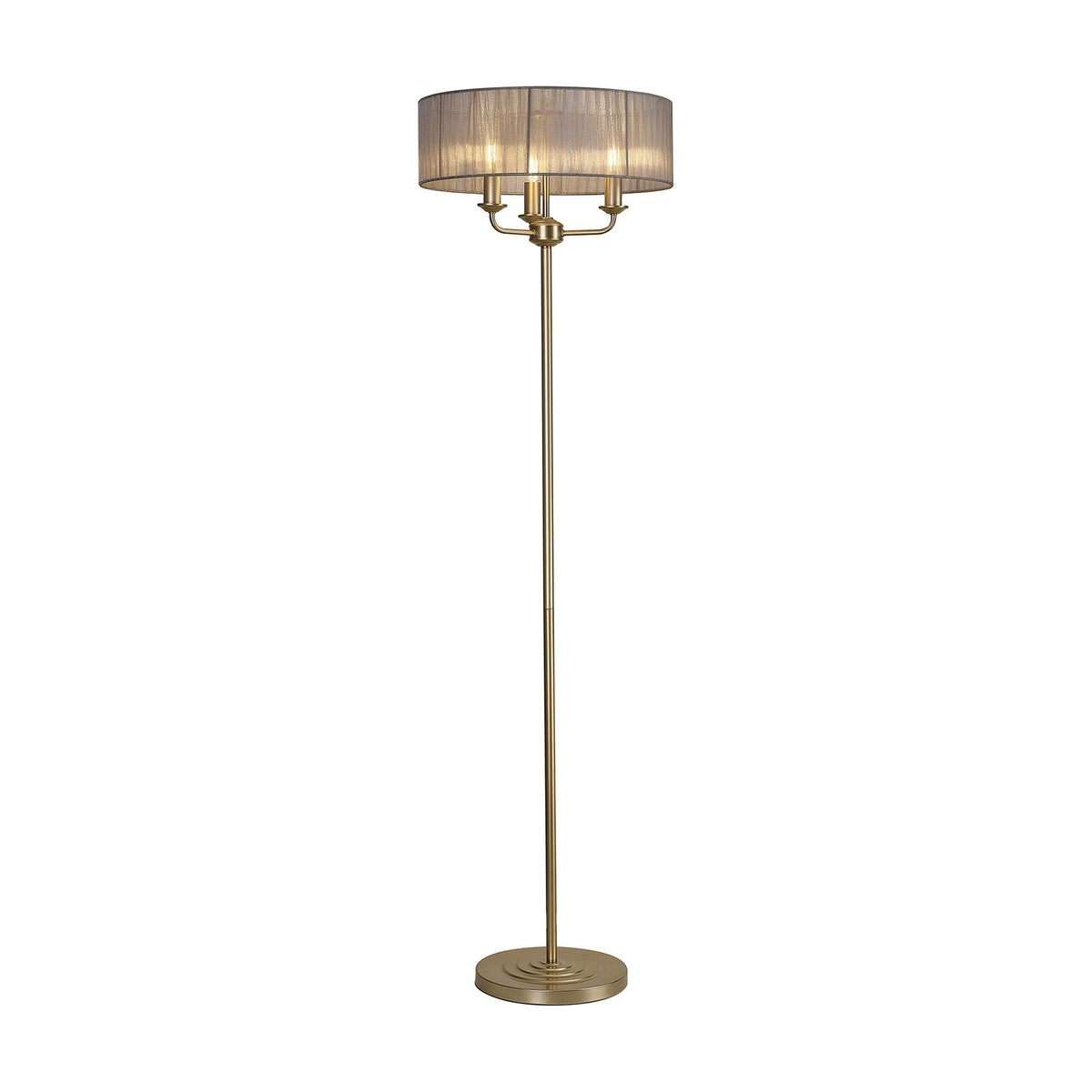 Banyan 3 Light E14 Floor Lamp with a slim champagne gold column and 45cm grey organza drum shade housing three candle lights, shown on a plain white background.