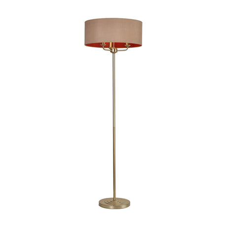 Banyan 3 Light E14 Floor Lamp with 50cm drum shade in taupe fabric with red interior, champagne gold stem and base, shown on a plain white background.